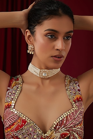 Gold Finish Kundan Polki & Pearl Choker Necklace Set by Zevar by Geeta