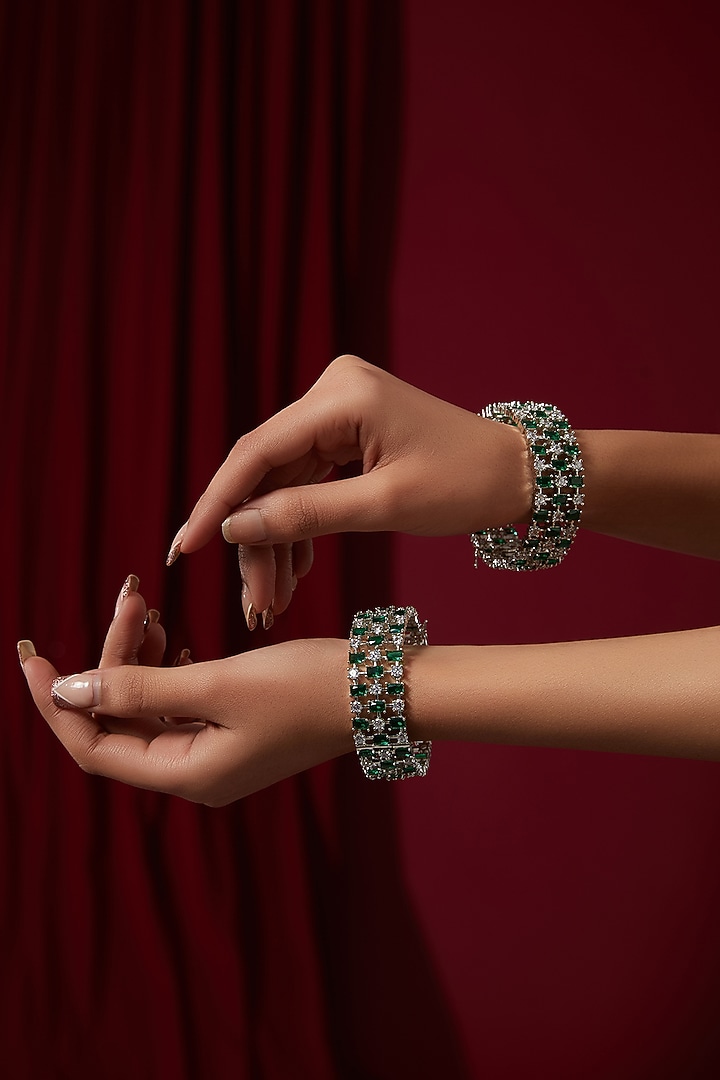 White Finish Zircon Bangles (Set Of 2) by Zevar by Geeta at Pernia's Pop Up Shop