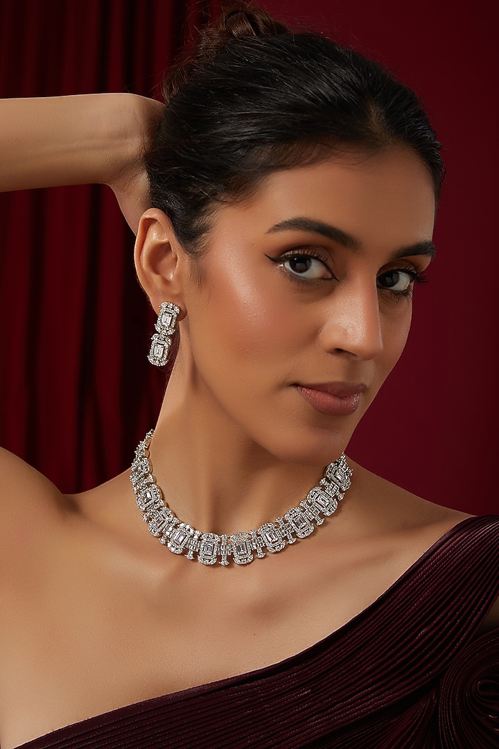 White Finish Zircon Necklace Set by Zevar by Geeta at Pernia's Pop Up Shop