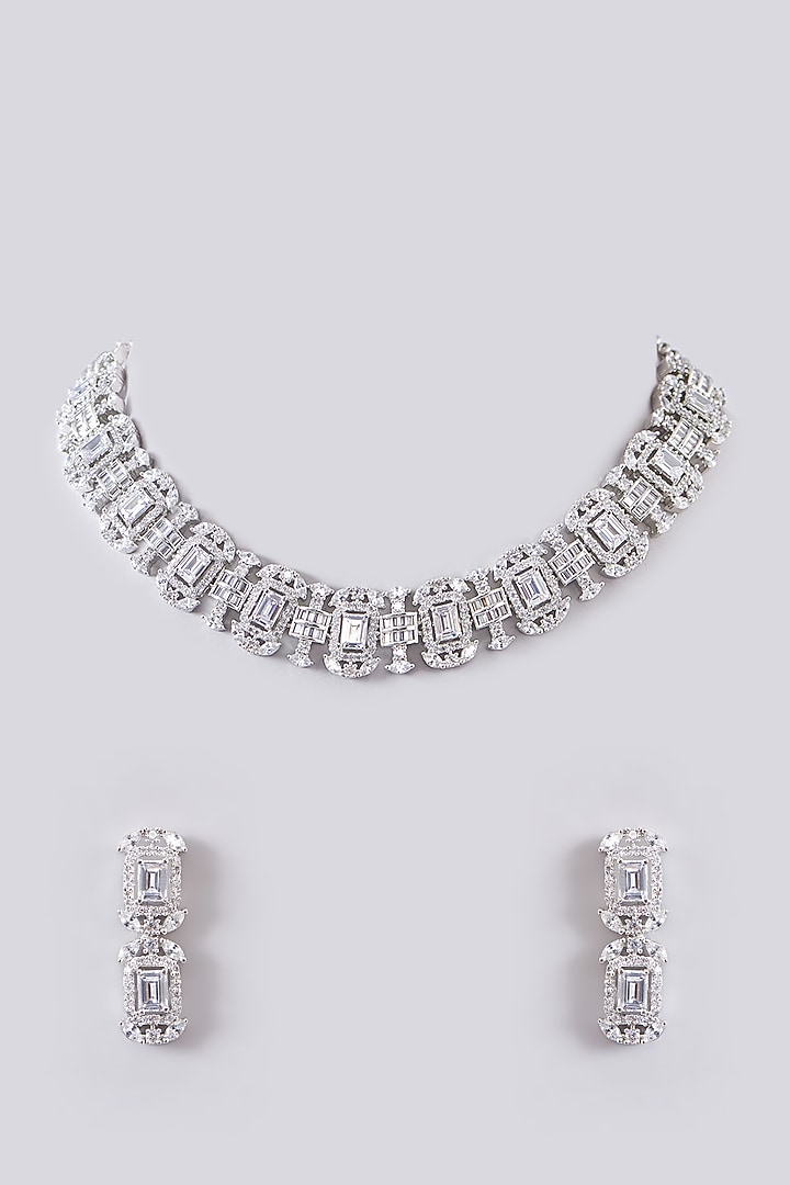 White Finish Zircon Necklace Set by Zevar by Geeta at Pernia's Pop Up Shop