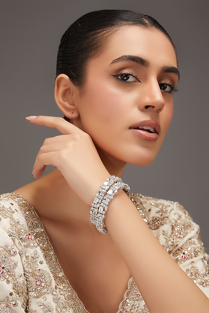 White Finish Zircon Bangles (Set Of 2) by Zevar by Geeta at Pernia's Pop Up Shop