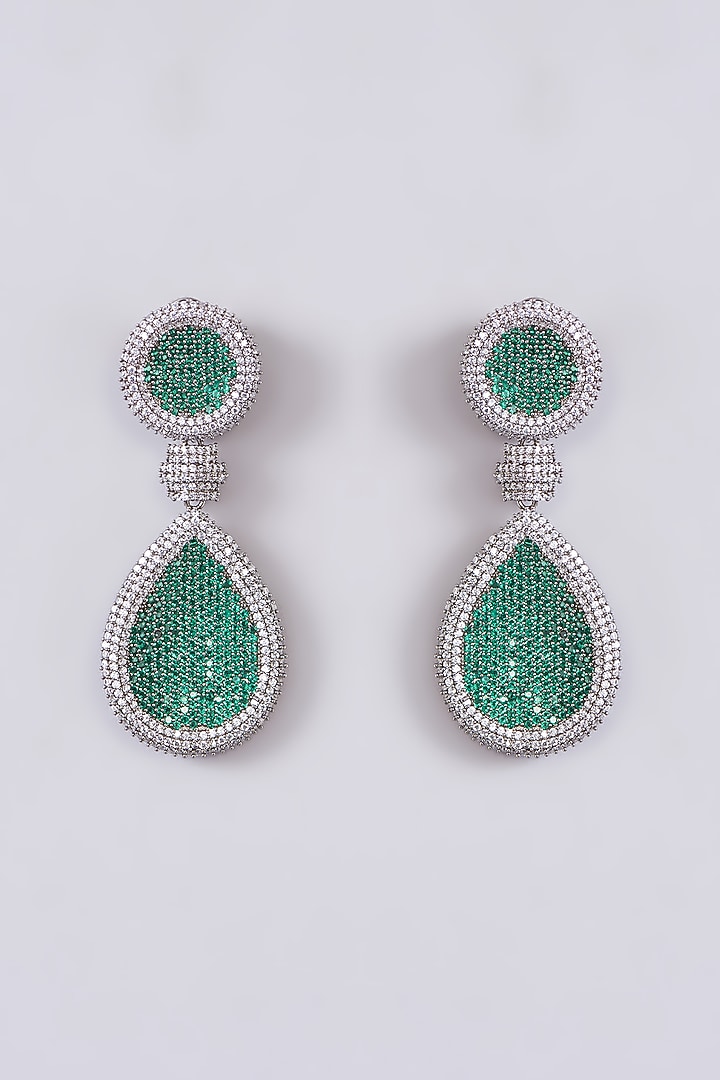 White Finish Zircon & Green Stone Dangler Earrings by Zevar by Geeta at Pernia's Pop Up Shop