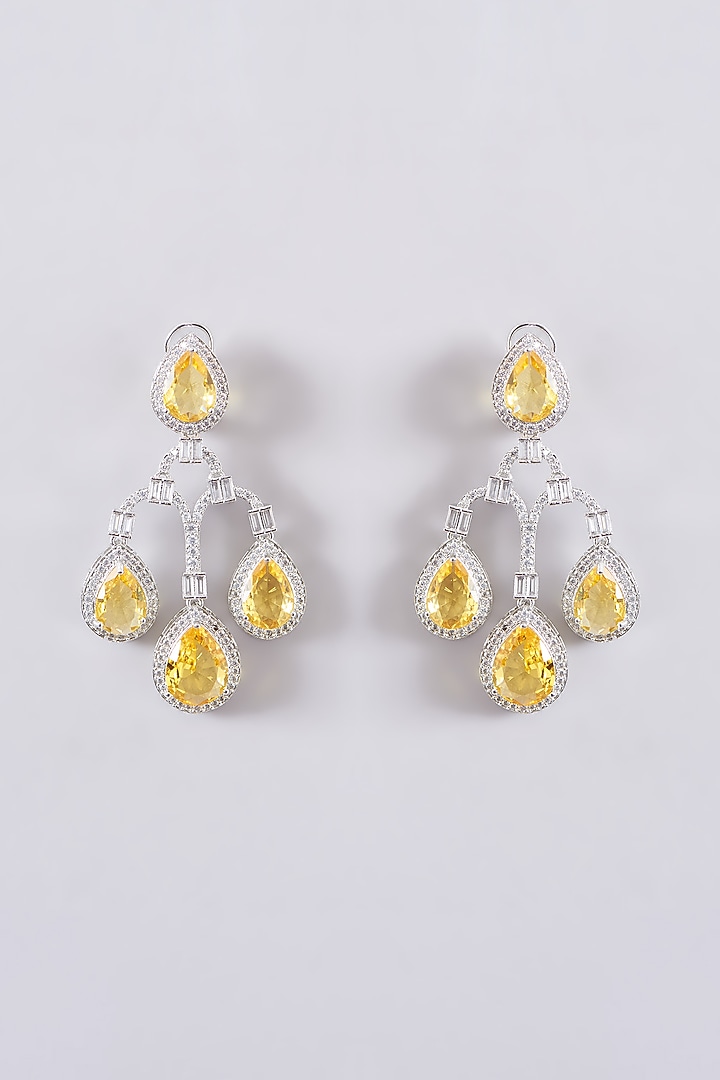 White Finish Zircon & Yellow Stone Dangler Earrings by Zevar by Geeta at Pernia's Pop Up Shop