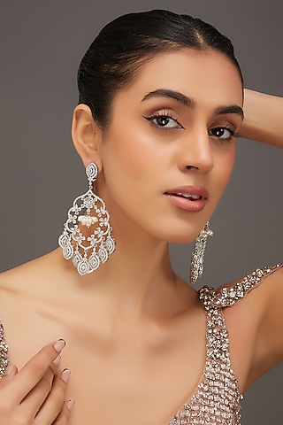 White Finish Zircon & Pearl Dangler Earrings by Zevar by Geeta