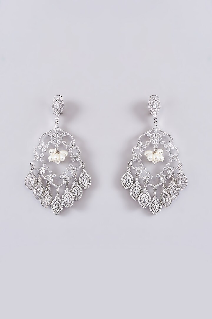 White Finish Zircon & Pearl Dangler Earrings by Zevar by Geeta at Pernia's Pop Up Shop