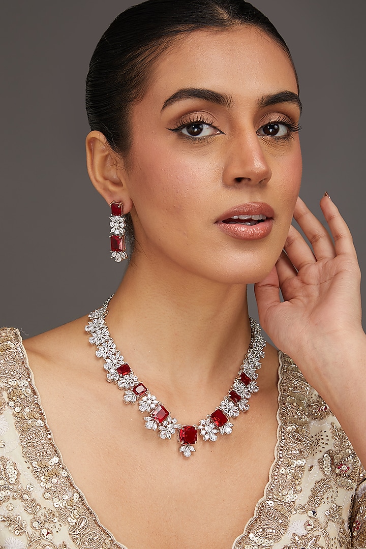 White Finish Zircon & Ruby Stone Necklace Set by Zevar by Geeta at Pernia's Pop Up Shop