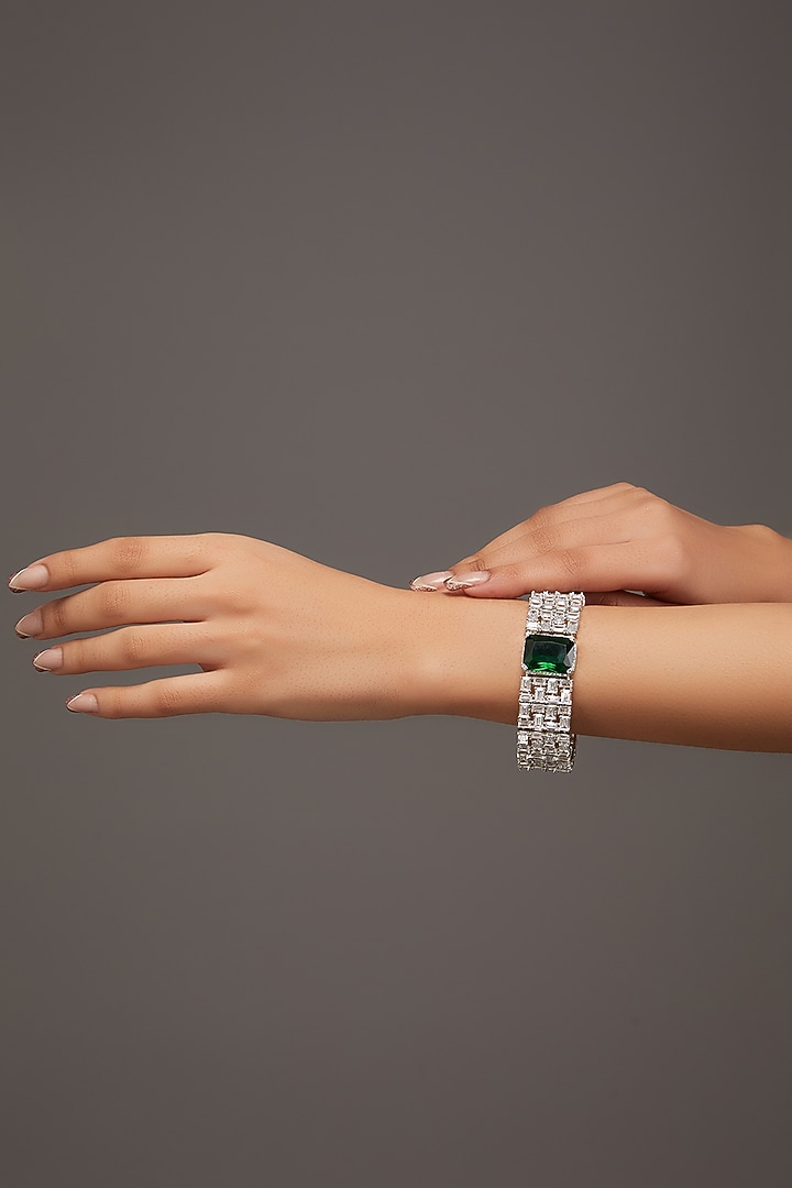 White Finish Zircon & Emerald Stone Bracelet by Zevar by Geeta at Pernia's Pop Up Shop