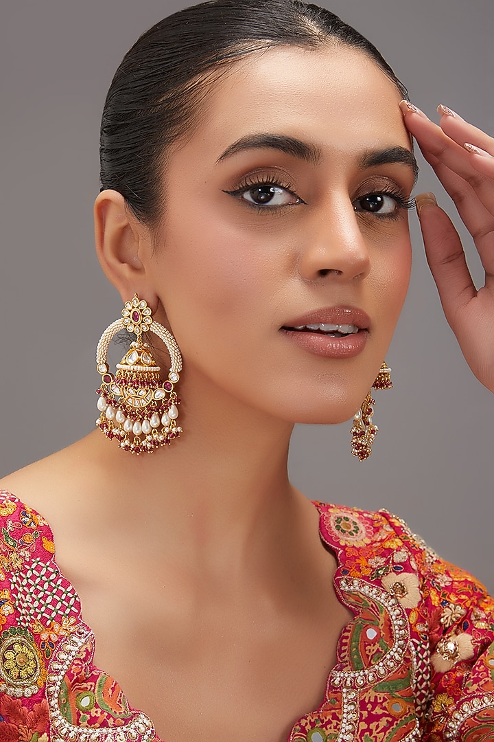 Gold Finish Kundan Polki & Pearl Chandbali Earrings by Zevar by Geeta at Pernia's Pop Up Shop
