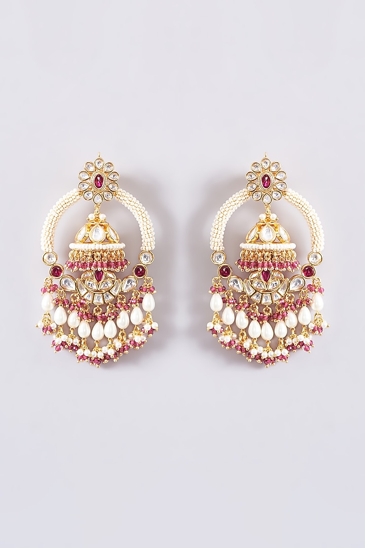 Gold Finish Kundan Polki & Pearl Chandbali Earrings by Zevar by Geeta at Pernia's Pop Up Shop