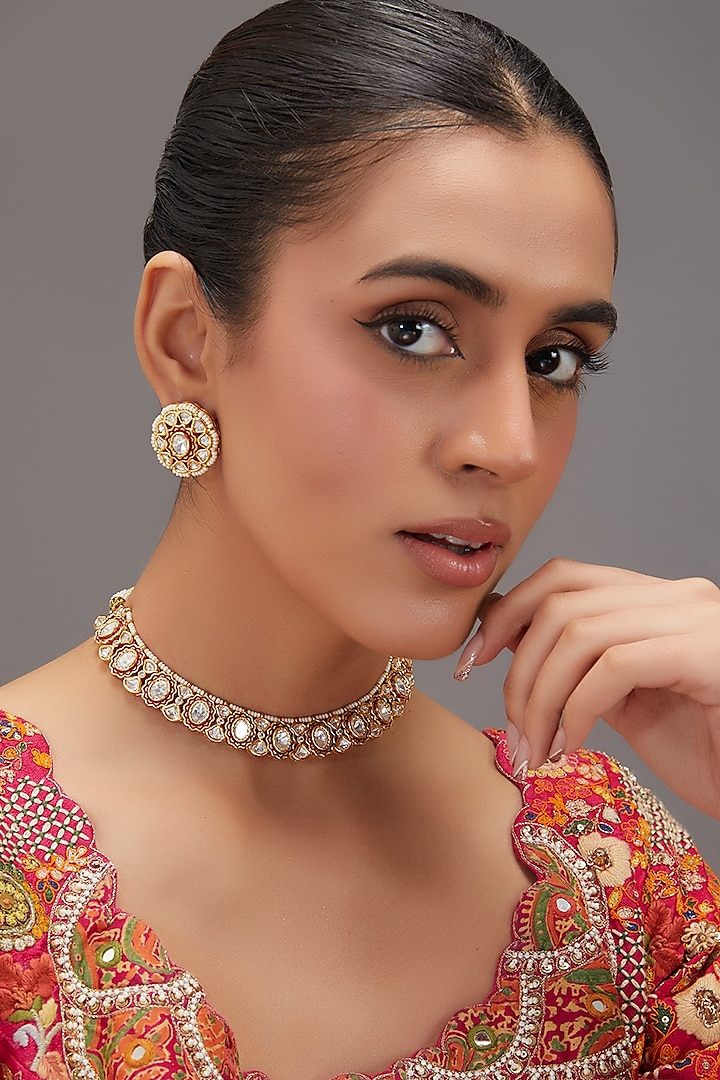 Gold Finish Kundan Polki Choker Necklace Set by Zevar by Geeta at Pernia's Pop Up Shop