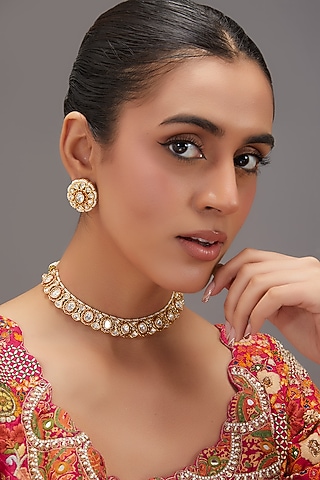 Gold Finish Kundan Polki Choker Necklace Set by Zevar by Geeta