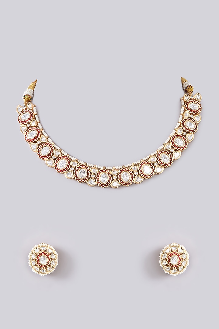 Gold Finish Kundan Polki Choker Necklace Set by Zevar by Geeta at Pernia's Pop Up Shop