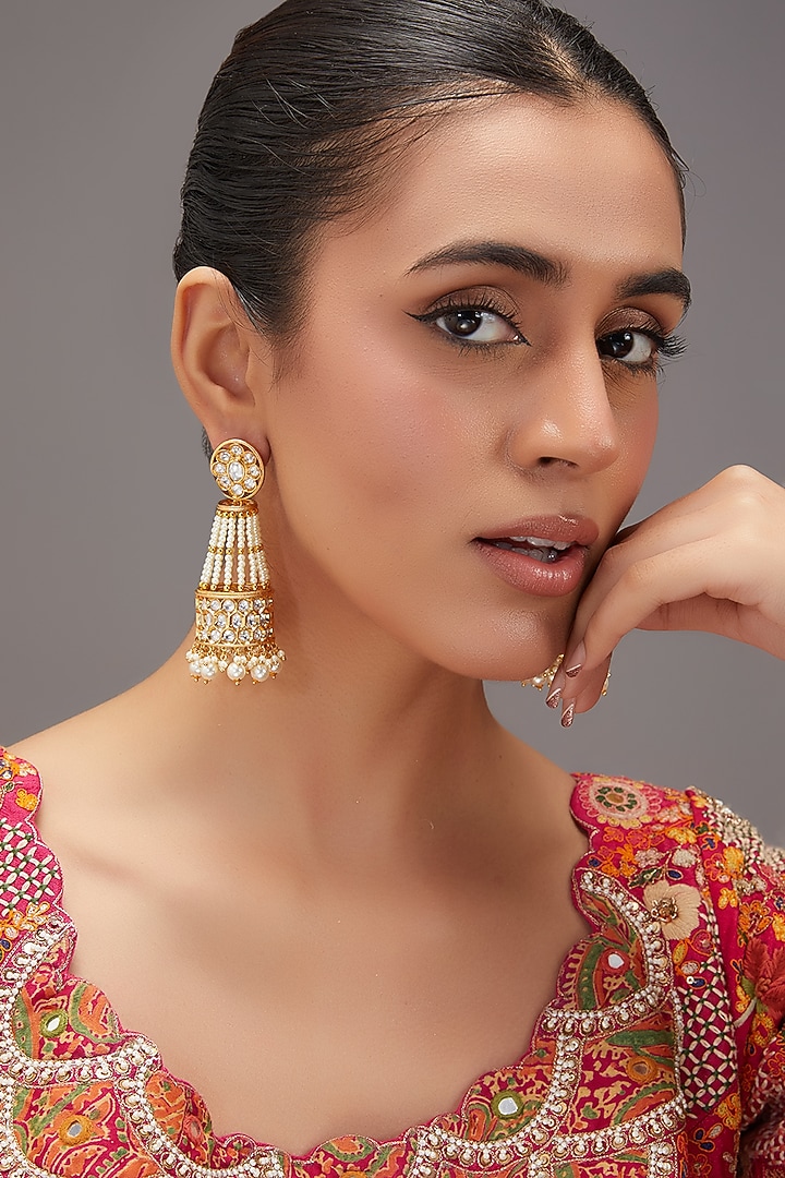 Gold Finish Kundan Polki & Pearl Jhumka Earrings by Zevar By Geeta at Pernia's Pop Up Shop