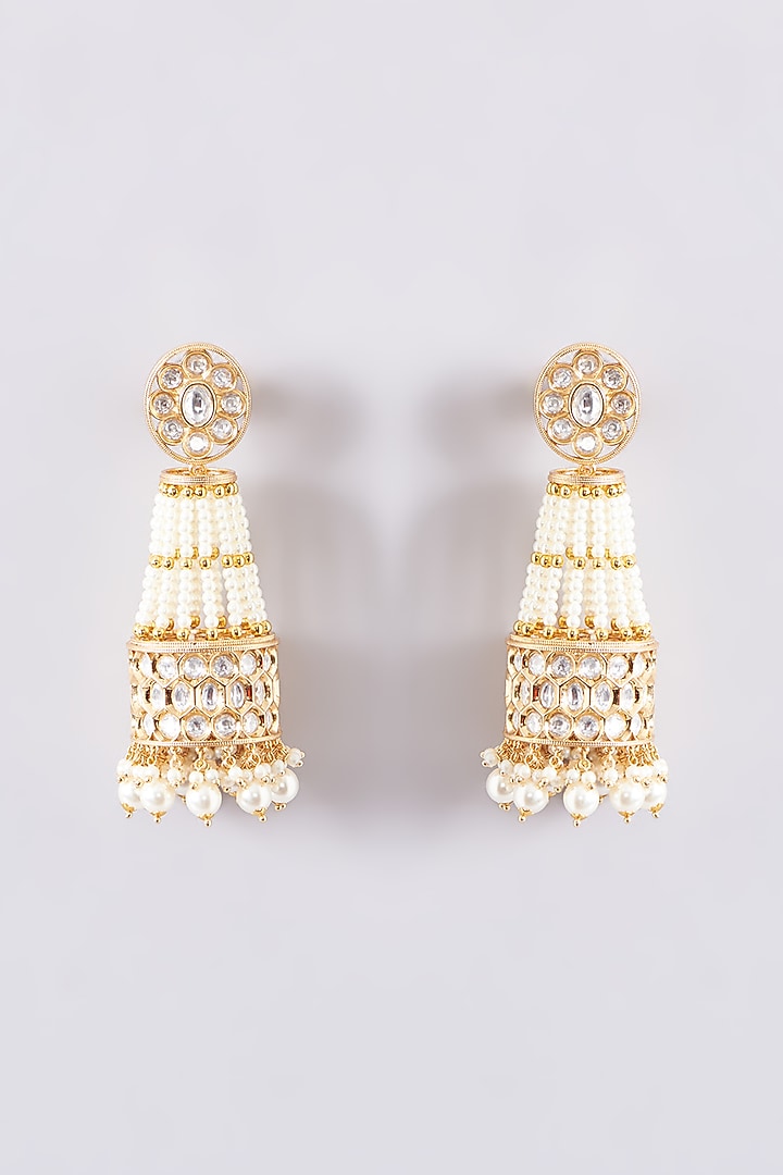 Gold Finish Kundan Polki & Pearl Jhumka Earrings by Zevar By Geeta at Pernia's Pop Up Shop