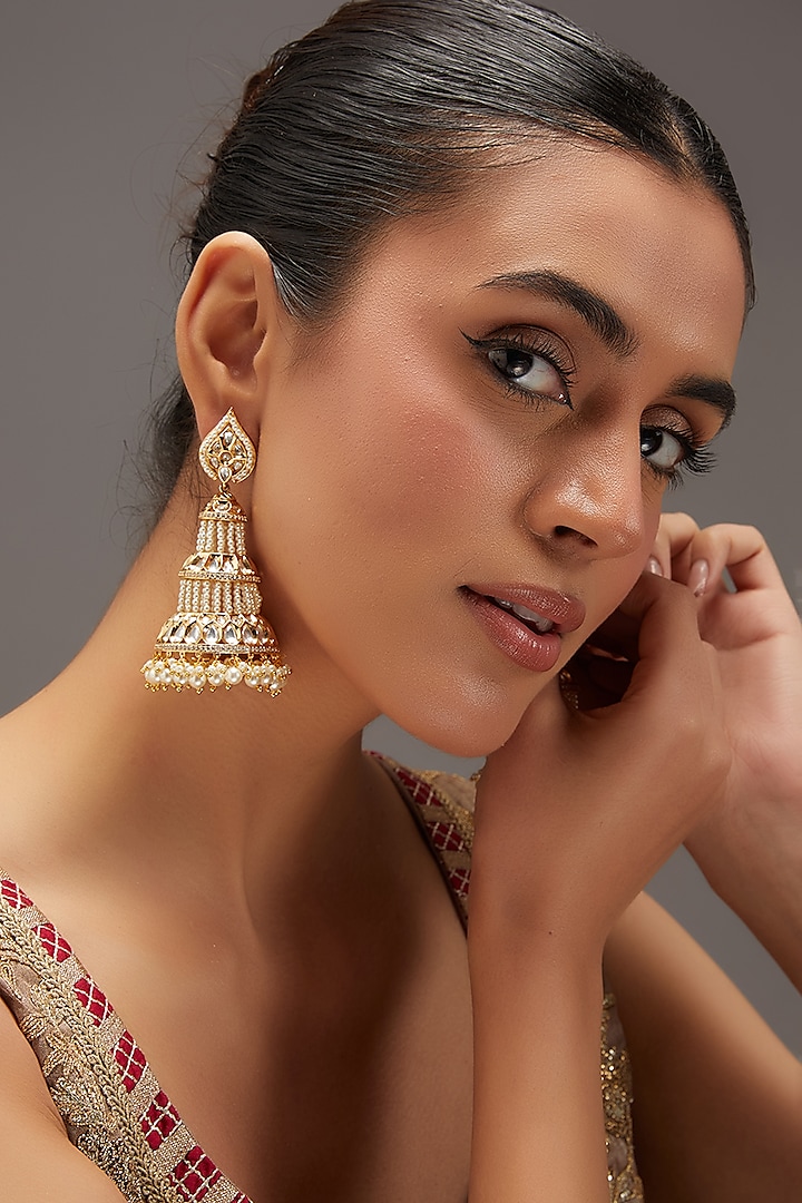 Gold Finish Kundan Polki & Pearl Jhumka Earrings by Zevar By Geeta at Pernia's Pop Up Shop