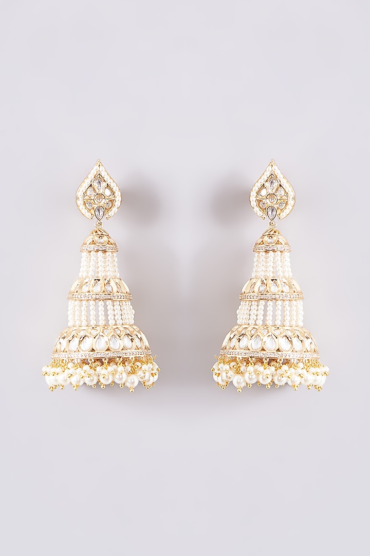 Gold Finish Kundan Polki & Pearl Jhumka Earrings by Zevar By Geeta at Pernia's Pop Up Shop