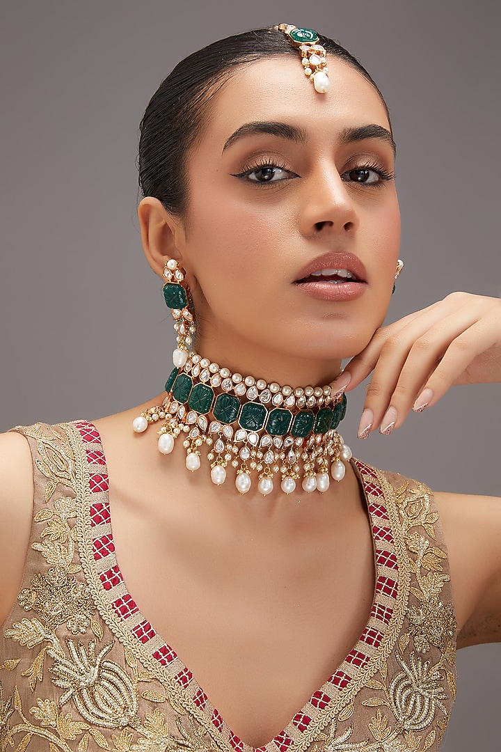 Black Rhodium Finish Kundan Polki & Emerald Stone Choker Necklace Set by Zevar By Geeta at Pernia's Pop Up Shop