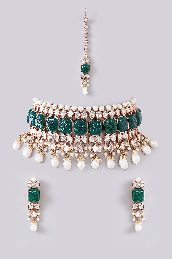 Black Rhodium Finish Kundan Polki & Emerald Stone Choker Necklace Set by Zevar By Geeta at Pernia's Pop Up Shop