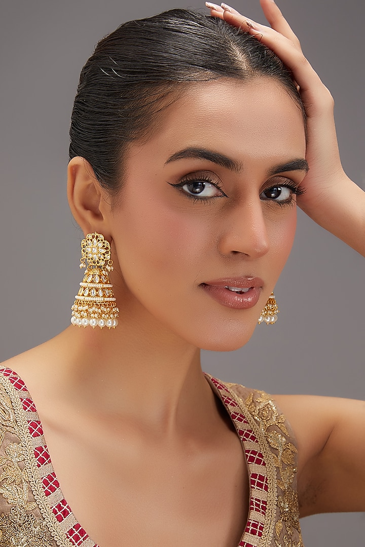 Gold Finish Kundan Polki & Pearl Jhumka Earrings by Zevar By Geeta at Pernia's Pop Up Shop