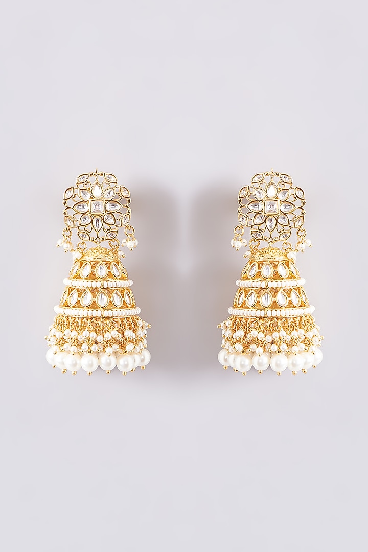 Gold Finish Kundan Polki & Pearl Jhumka Earrings by Zevar By Geeta at Pernia's Pop Up Shop