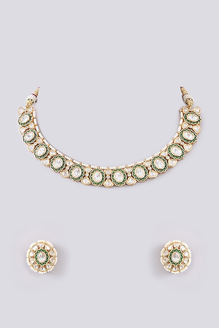 Gold Plated Kundan Polki & Pearl Choker Necklace Set by Zevar By Geeta at Pernia's Pop Up Shop