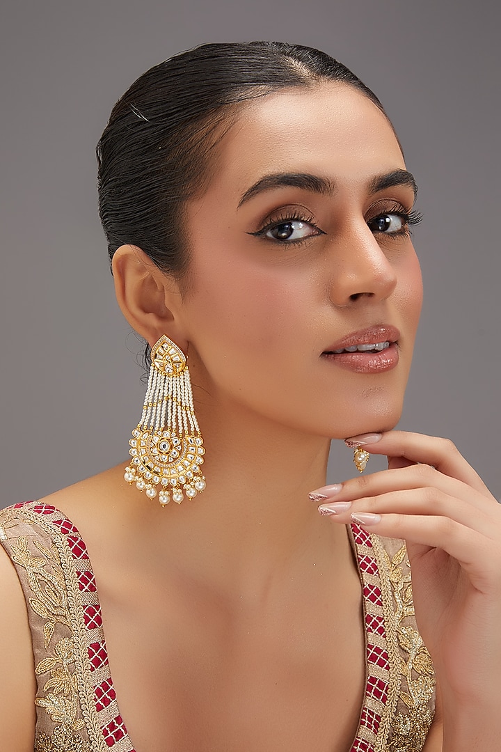 Gold Finish Kundan Polki & Pearl Dangler Earrings by Zevar By Geeta at Pernia's Pop Up Shop