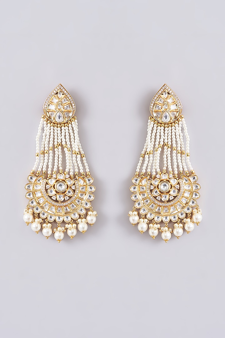 Gold Finish Kundan Polki & Pearl Dangler Earrings by Zevar By Geeta at Pernia's Pop Up Shop