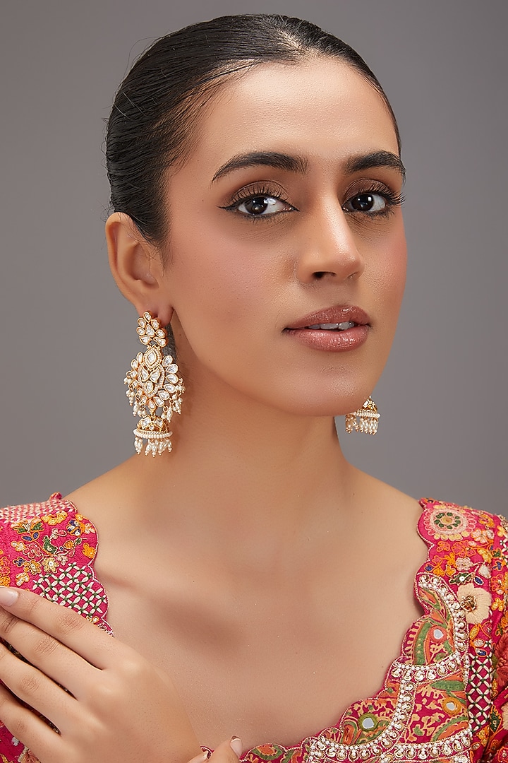 Gold Finish Kundan Polki & Pearl Dangler Earrings by Zevar By Geeta at Pernia's Pop Up Shop