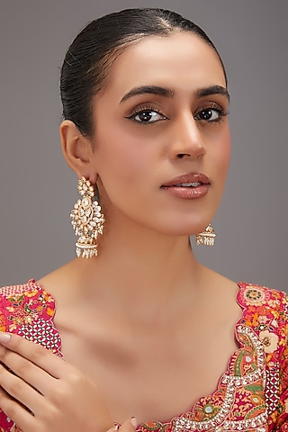 Gold Finish Kundan Polki & Pearl Dangler Earrings by Zevar By Geeta