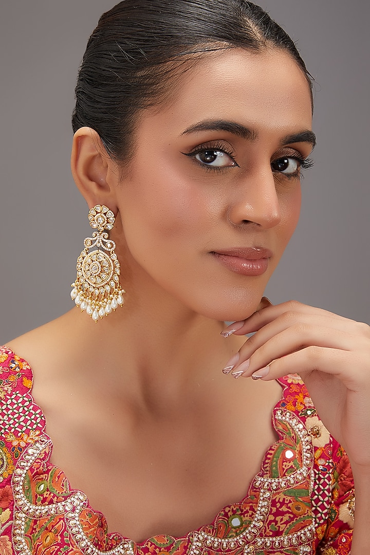 Gold Finish Kundan Polki & Pearl Dangler Earrings by Zevar By Geeta at Pernia's Pop Up Shop