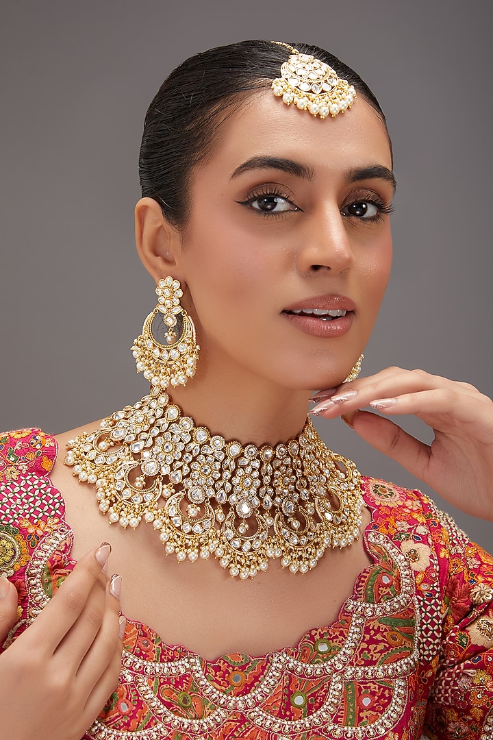 Gold Plated Kundan Polki & Pearl Necklace Set by Zevar By Geeta at Pernia's Pop Up Shop