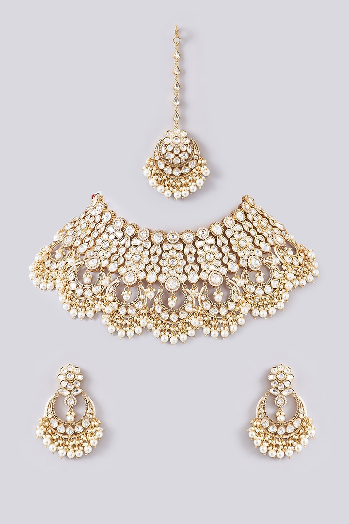 Gold Plated Kundan Polki & Pearl Necklace Set by Zevar By Geeta at Pernia's Pop Up Shop