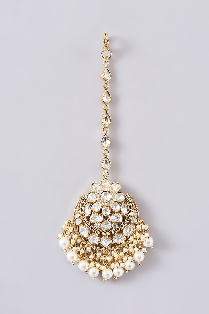 Gold Plated Kundan Polki & Pearl Necklace Set by Zevar By Geeta at Pernia's Pop Up Shop