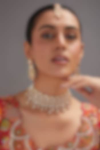 Gold Plated Kundan Polki & Pearl Choker Necklace Set by Zevar By Geeta at Pernia's Pop Up Shop