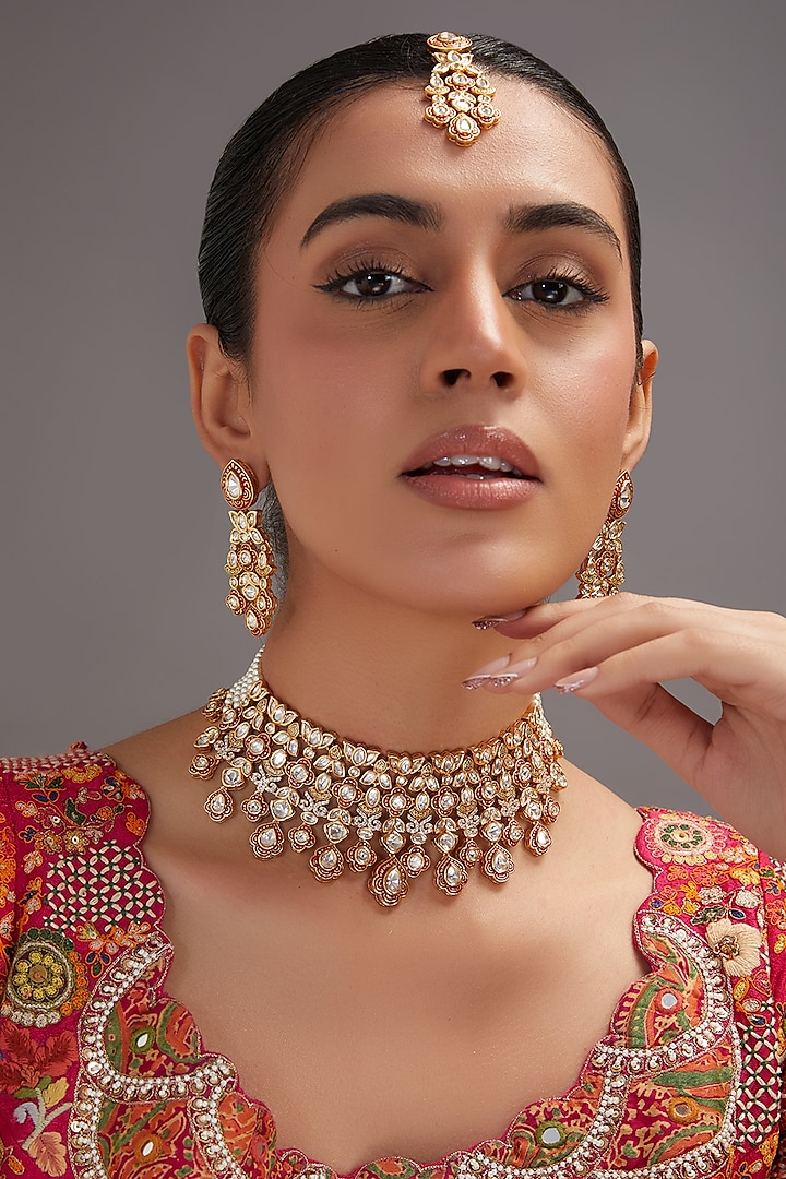 Gold Plated Kundan Polki & Pearl Choker Necklace Set by Zevar By Geeta at Pernia's Pop Up Shop