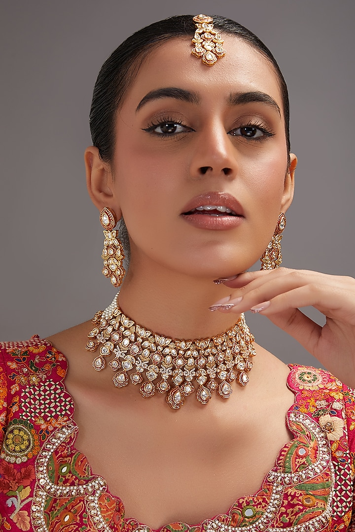 Gold Plated Kundan Polki & Pearl Choker Necklace Set by Zevar By Geeta