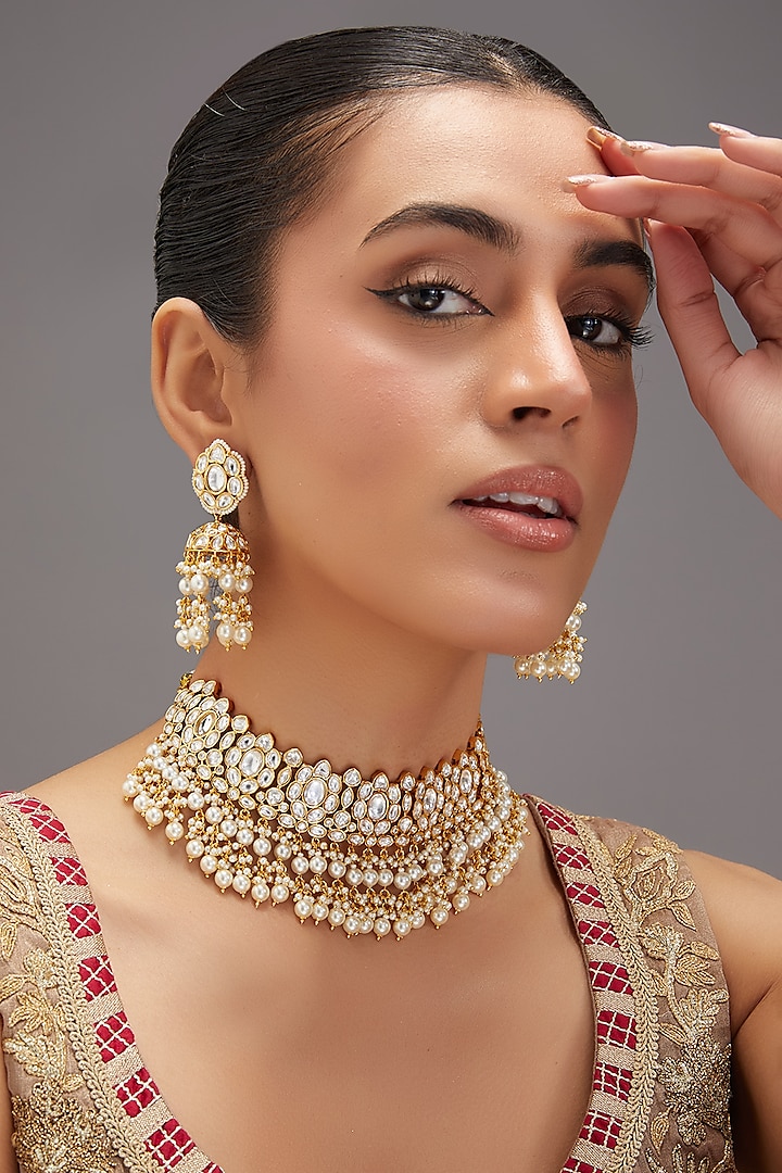 Gold Finish Kundan Polki Choker Necklace Set by Zevar By Geeta at Pernia's Pop Up Shop