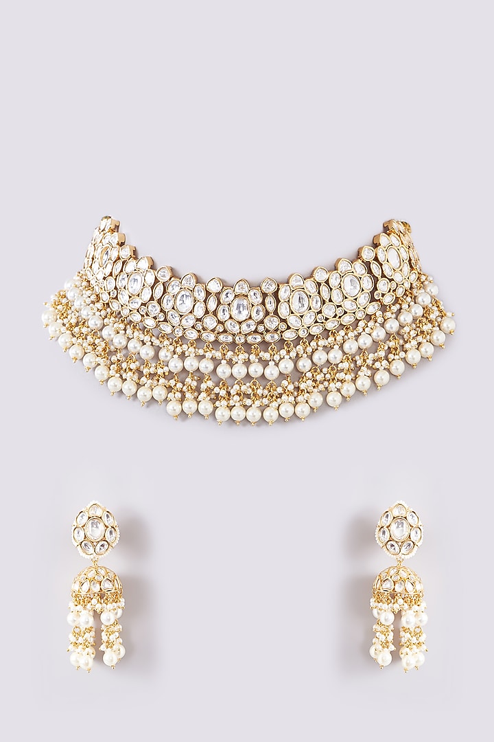 Gold Finish Kundan Polki Choker Necklace Set by Zevar By Geeta at Pernia's Pop Up Shop