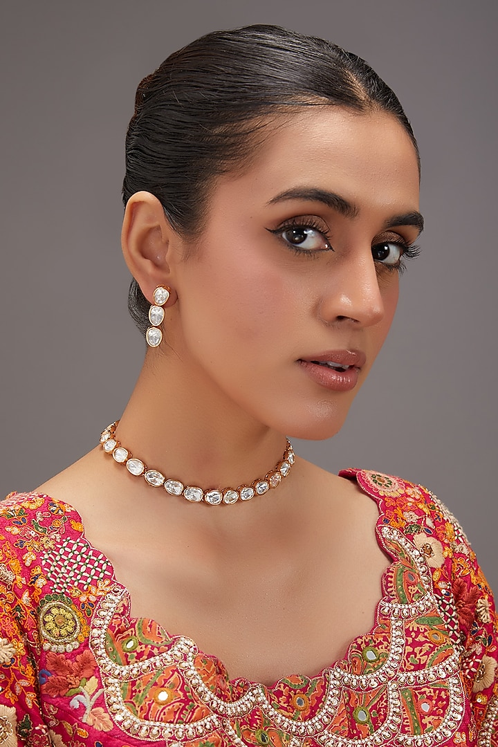 Gold Finish Kundan Polki Choker Necklace Set by Zevar By Geeta