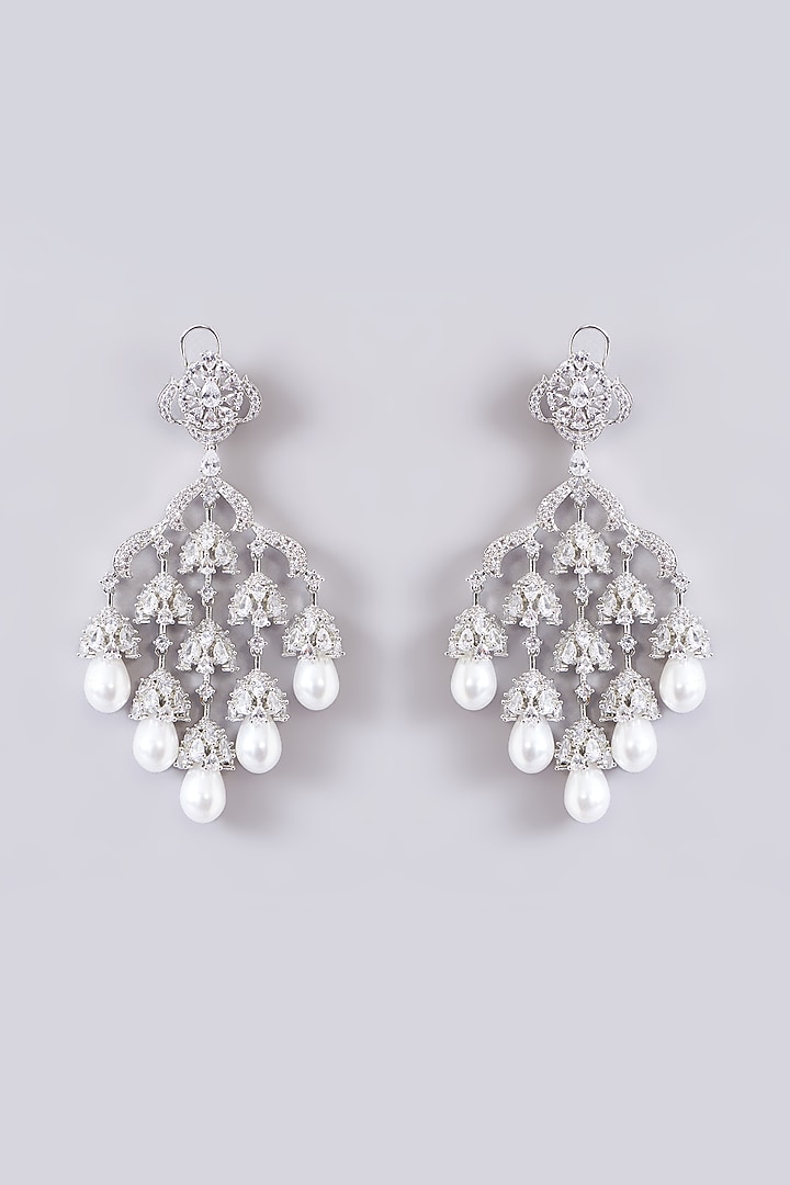 White Finish Zircon & Pearl Dangler Earrings by Zevar By Geeta at Pernia's Pop Up Shop