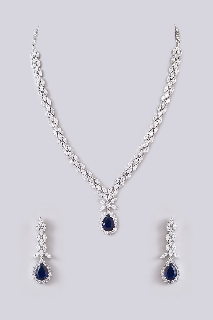 White Finish Zircon & Sapphire Stone Necklace Set by Zevar By Geeta at Pernia's Pop Up Shop