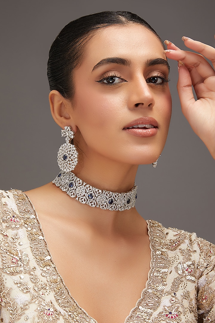 White Finish Zircon & Sapphire Stone Choker Necklace Set by Zevar By Geeta at Pernia's Pop Up Shop