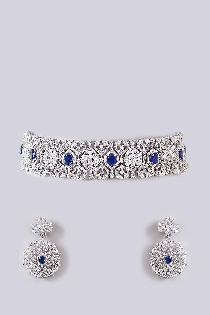 White Finish Zircon & Sapphire Stone Choker Necklace Set by Zevar By Geeta at Pernia's Pop Up Shop