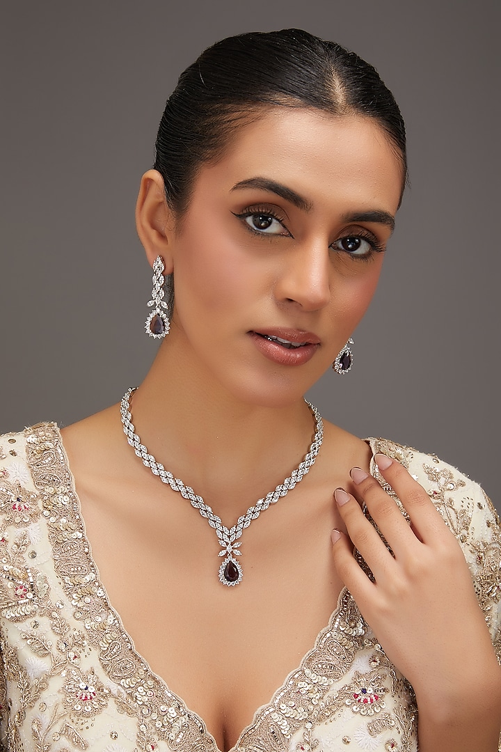 White Finish Zircon & Purple Stone Long Necklace Set by Zevar By Geeta at Pernia's Pop Up Shop