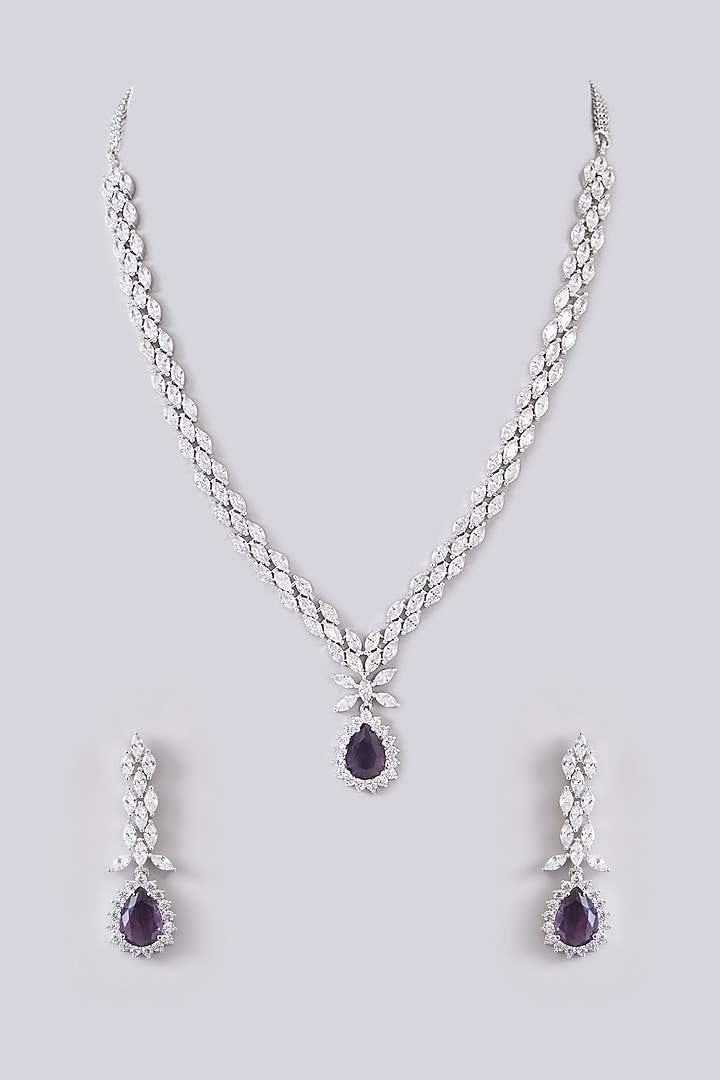 White Finish Zircon & Purple Stone Long Necklace Set by Zevar By Geeta at Pernia's Pop Up Shop