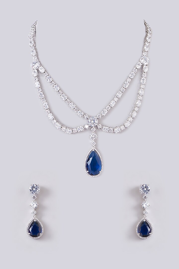 White Finish Zircon & Sapphire Stone Layered Necklace Set by Zevar By Geeta at Pernia's Pop Up Shop