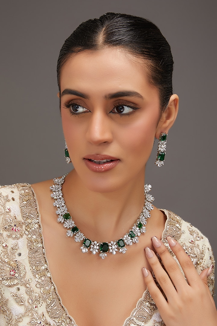 White Finish Zircon & Emerald Stone Necklace Set by Zevar By Geeta at Pernia's Pop Up Shop