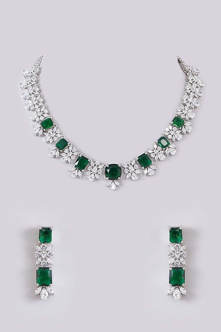 White Finish Zircon & Emerald Stone Necklace Set by Zevar By Geeta at Pernia's Pop Up Shop