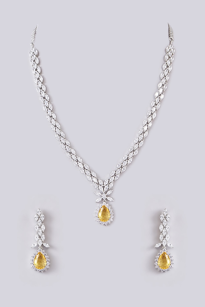 White Finish Zircon & Golden Topaz Stone Necklace Set by Zevar By Geeta at Pernia's Pop Up Shop