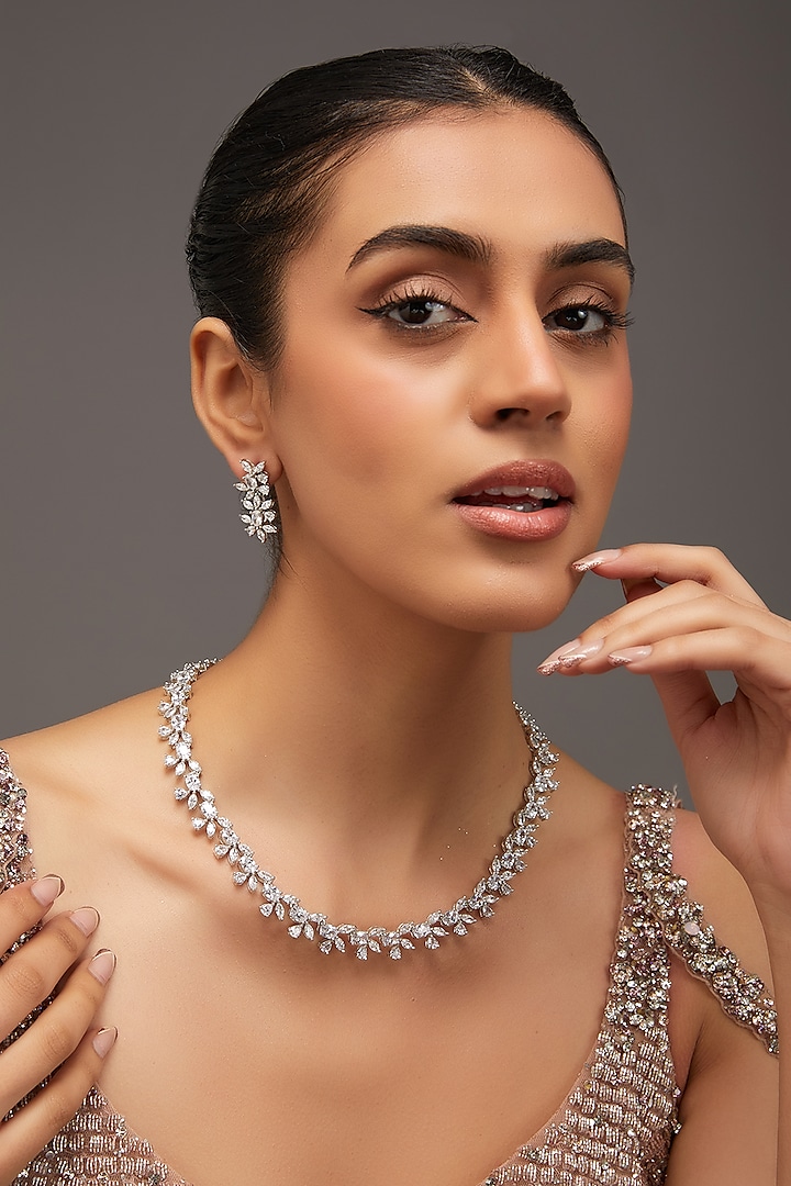 White Finish Zircon Necklace Set by Zevar By Geeta at Pernia's Pop Up Shop